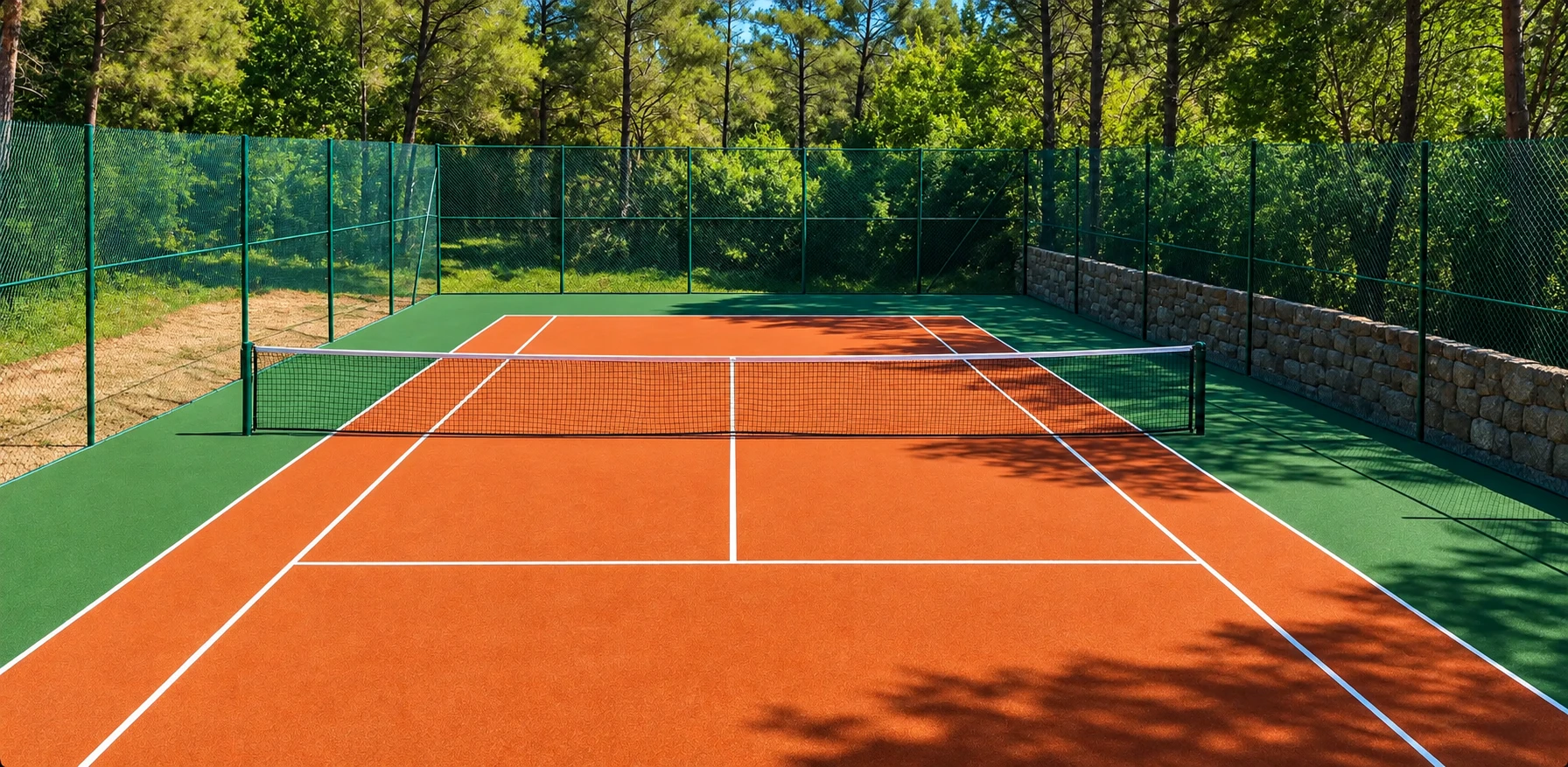 Court de tennis entouré de végétation
